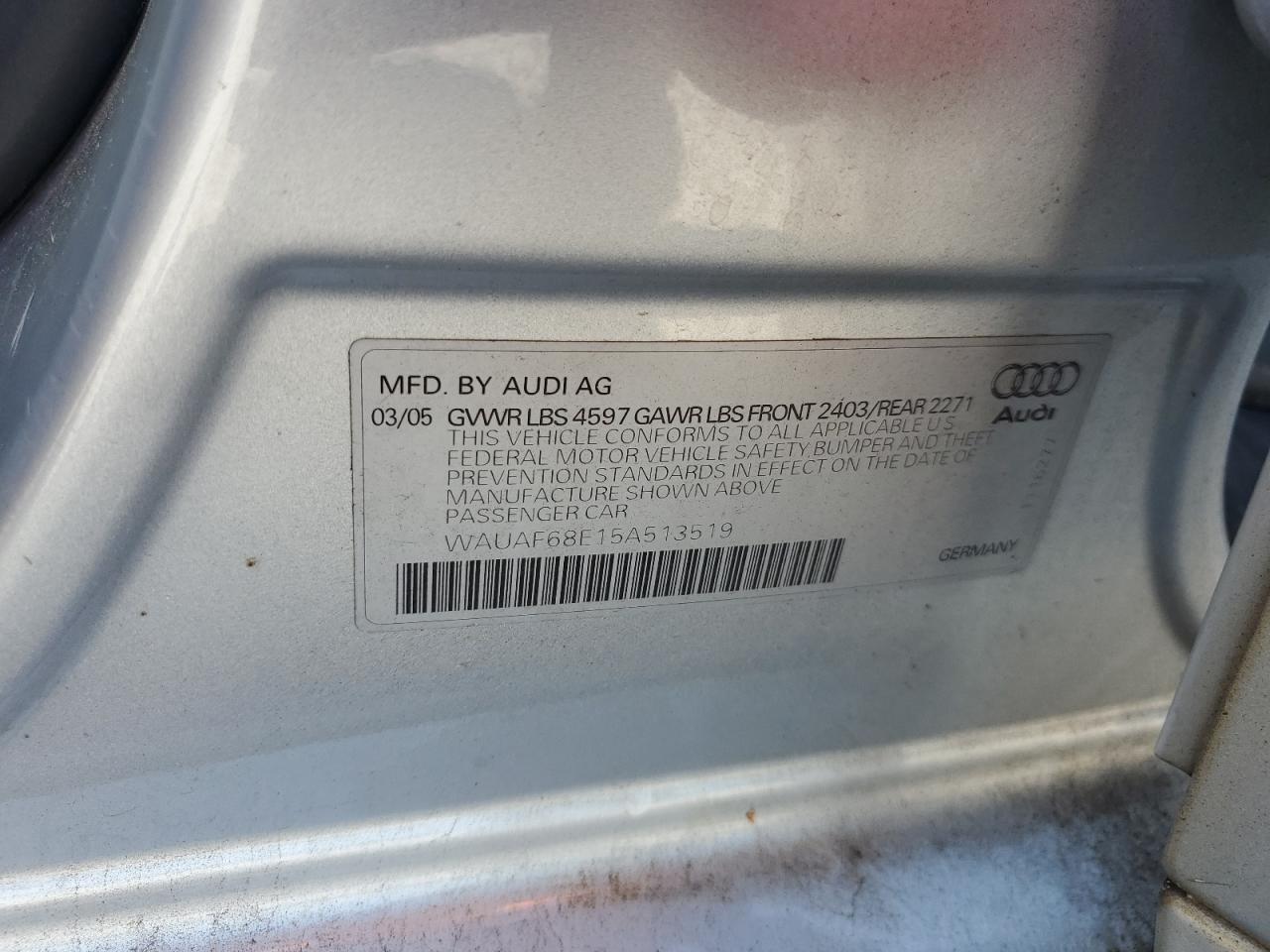 2005 Audi A4 2.0T VIN: WAUAF68E15A513519 Lot: 71497935