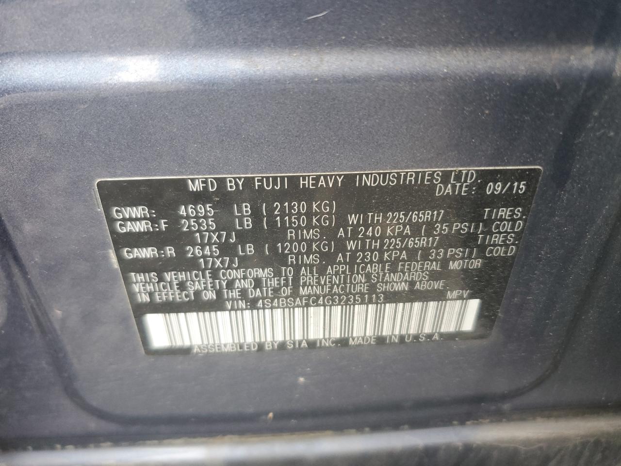 2016 Subaru Outback 2.5I Premium VIN: 4S4BSAFC4G3235113 Lot: 81326945