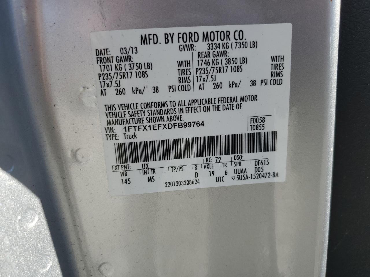 2013 Ford F150 Super Cab VIN: 1FTFX1EFXDFB99764 Lot: 81760065