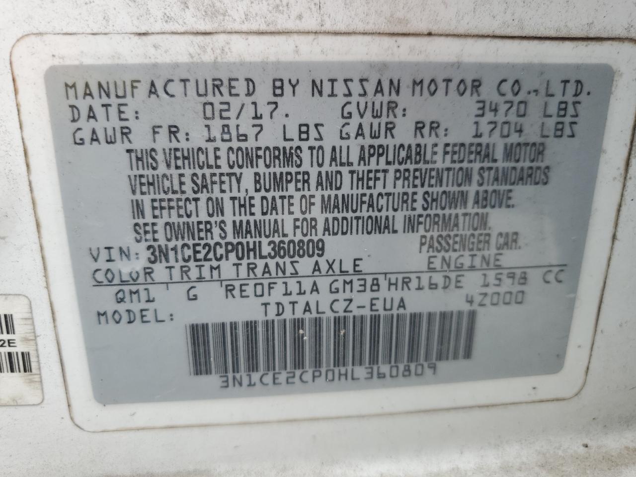 2017 Nissan Versa Note S VIN: 3N1CE2CP0HL360809 Lot: 80377015