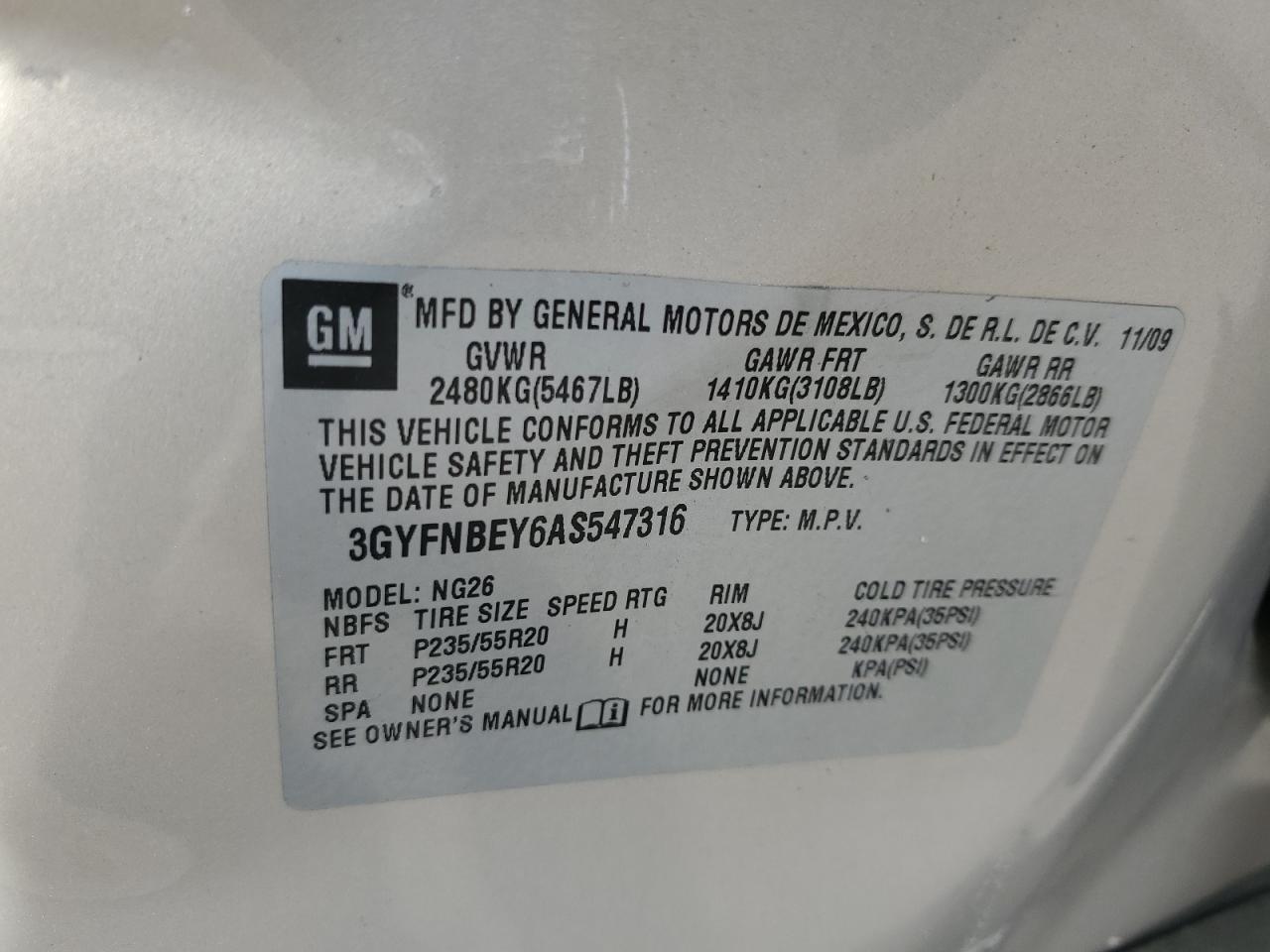 2010 Cadillac Srx Performance Collection VIN: 3GYFNBEY6AS547316 Lot: 84540655