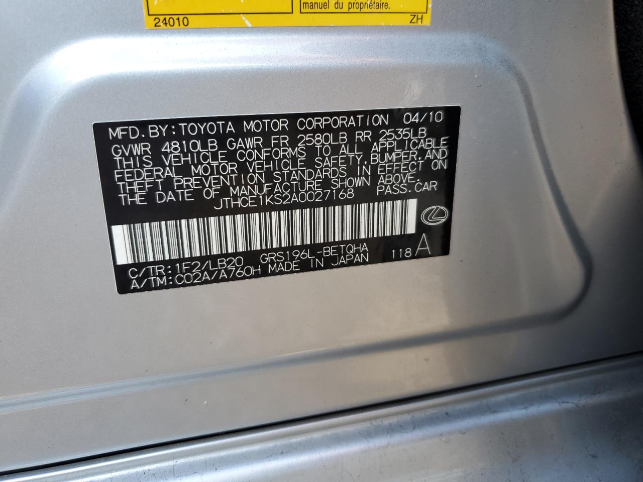 2010 Lexus Gs 350 VIN: JTHCE1KS2A0027168 Lot: 80552035