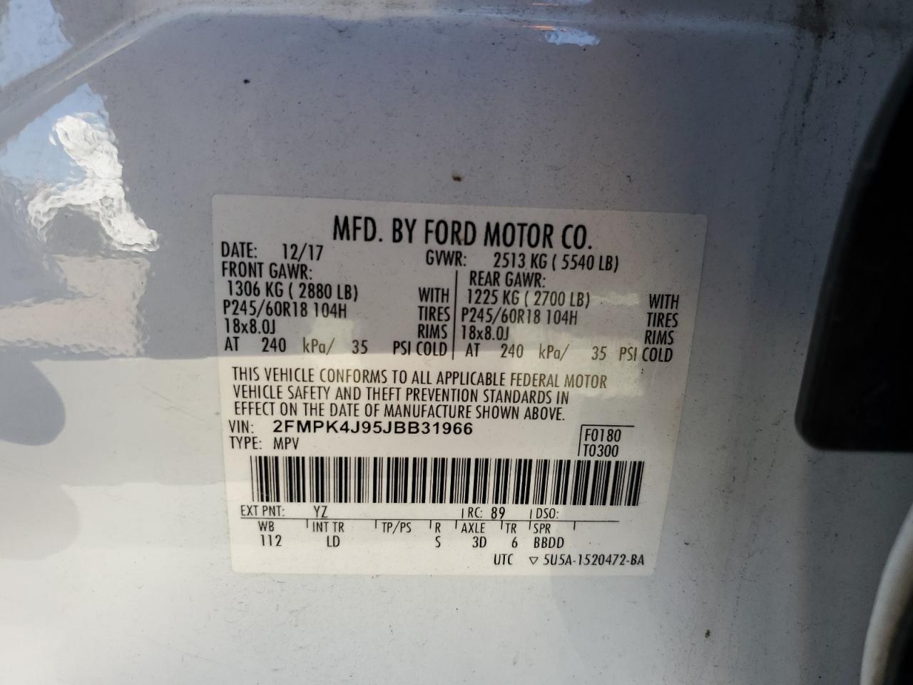 2018 Ford Edge Sel VIN: 2FMPK4J95JBB31966 Lot: 70444645