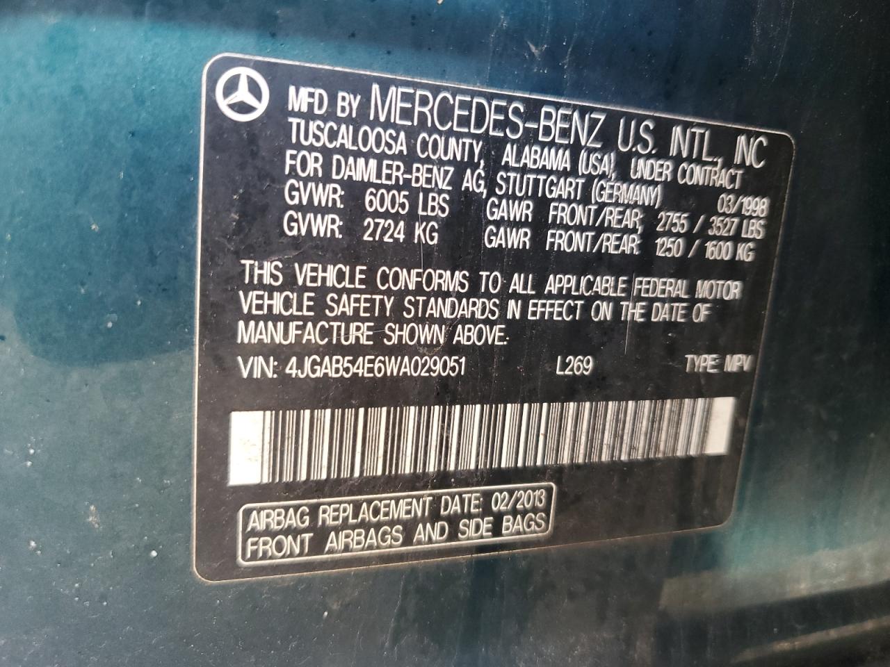 1998 Mercedes-Benz Ml 320 VIN: 4JGAB54E6WA029051 Lot: 84269635