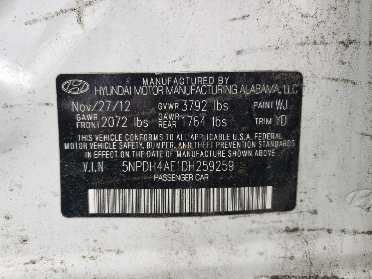 2013 Hyundai Elantra Gls VIN: 5NPDH4AE1DH259259 Lot: 80168215