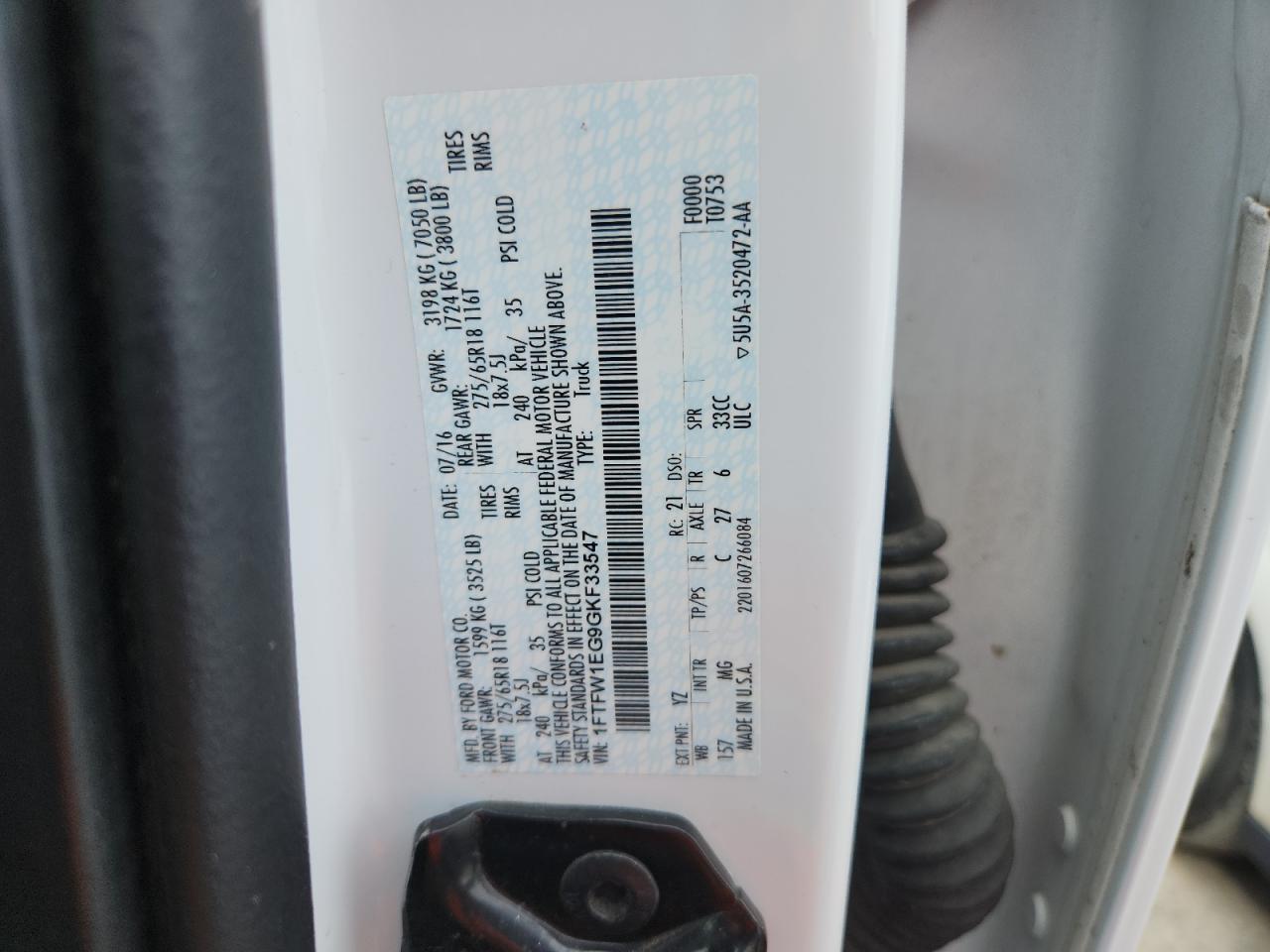 2016 Ford F150 Supercrew VIN: 1FTFW1EG9GKF33547 Lot: 80540165