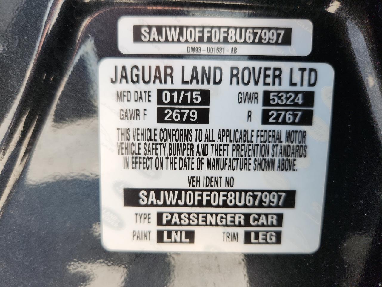 2015 Jaguar Xf 3.0 Sport Awd VIN: SAJWJ0FF0F8U67997 Lot: 70769195