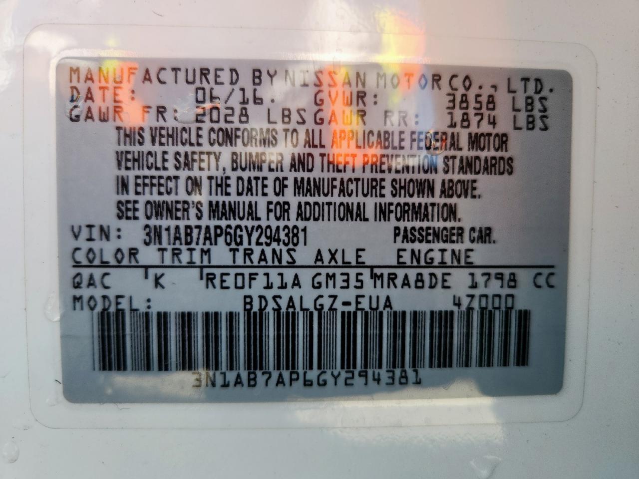 2016 Nissan Sentra S VIN: 3N1AB7AP6GY294381 Lot: 84407805