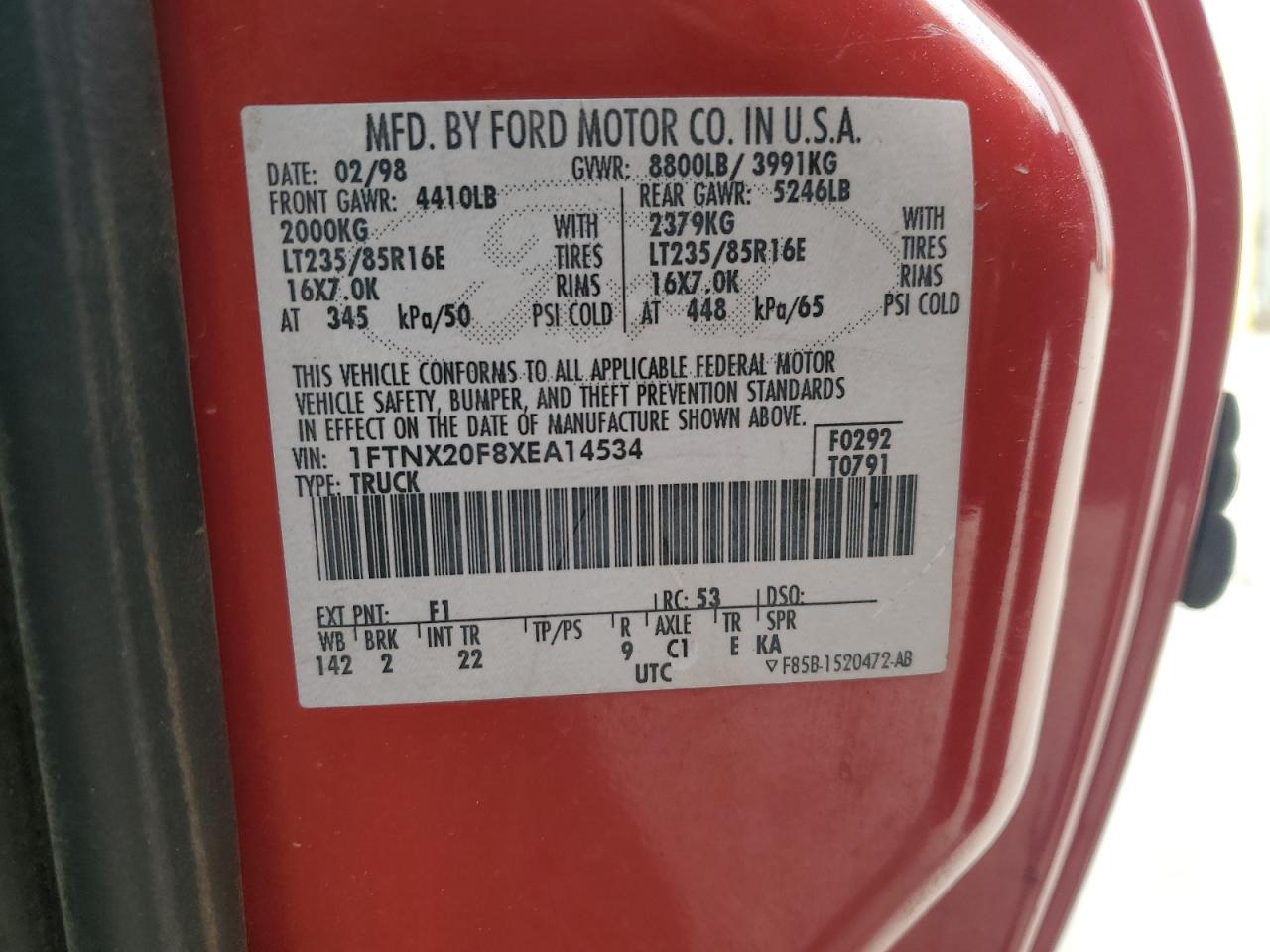 1999 Ford F250 Super Duty VIN: 1FTNX20F8XEA14534 Lot: 82148045