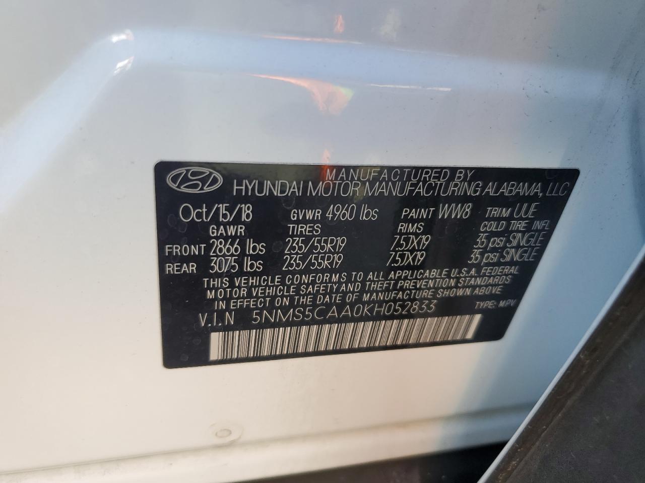 2019 Hyundai Santa Fe Limited VIN: 5NMS5CAA0KH052833 Lot: 81918455