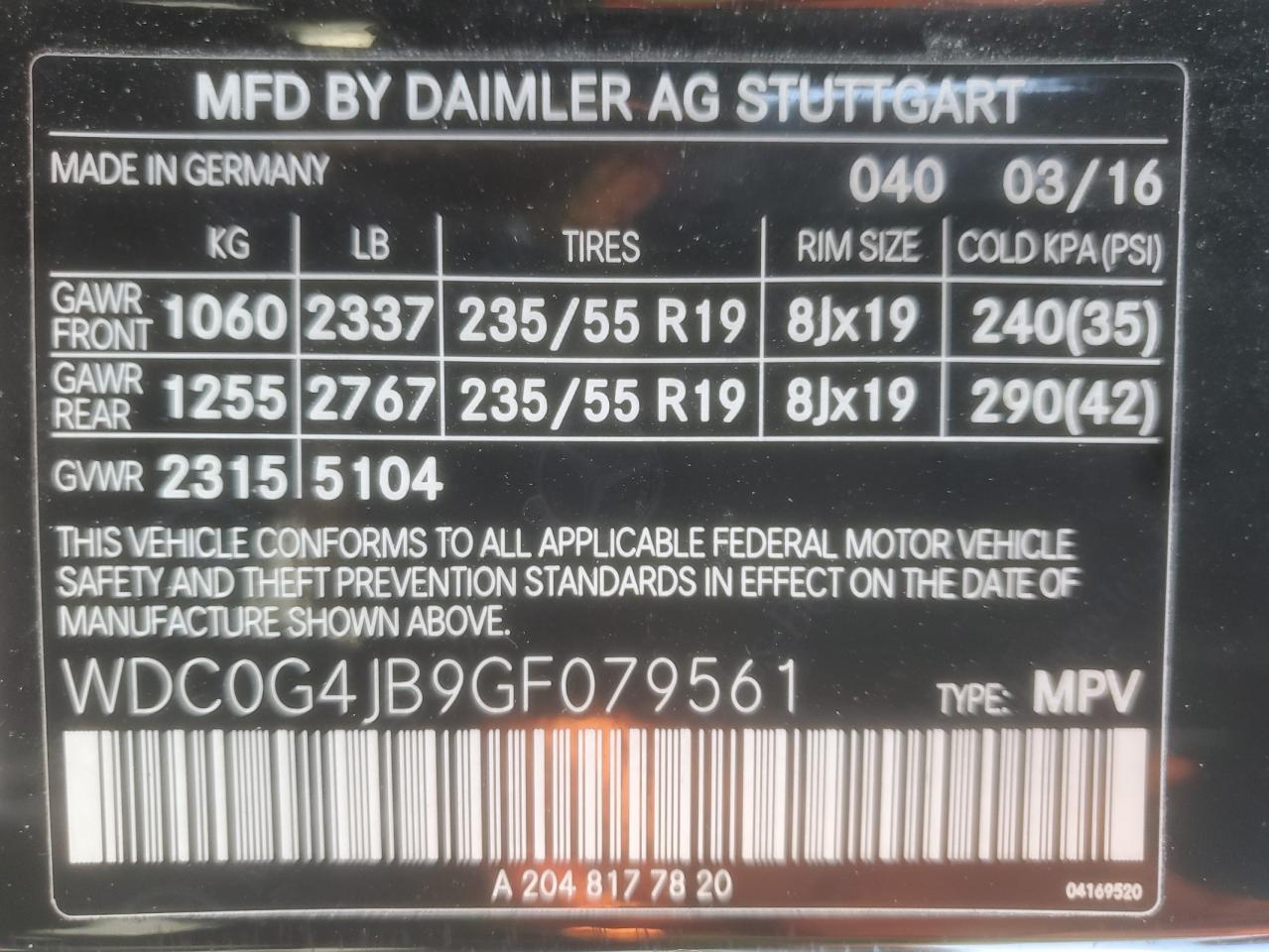 2016 Mercedes-Benz Glc 300 VIN: WDC0G4JB9GF079561 Lot: 71994205