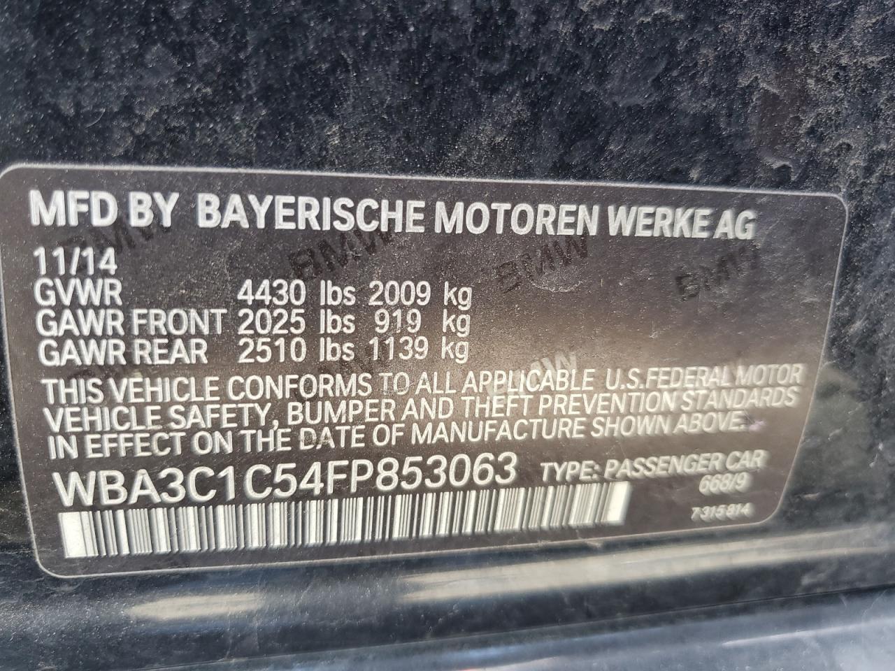2015 BMW 328 I Sulev VIN: WBA3C1C54FP853063 Lot: 81454445