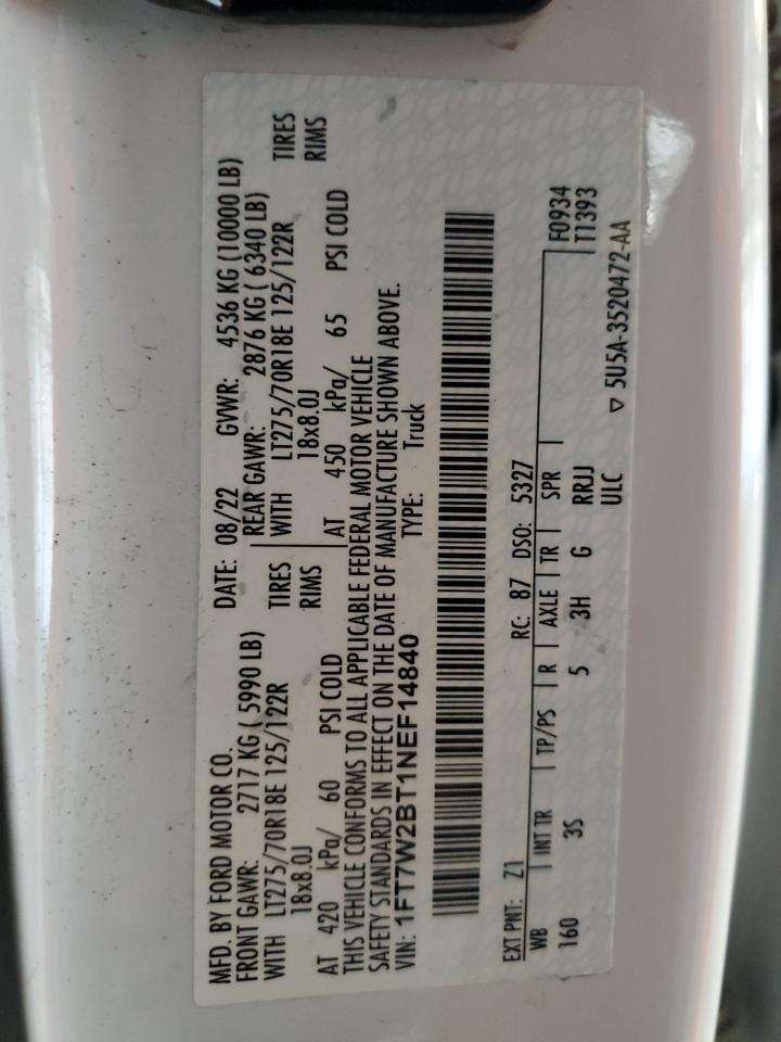 2022 Ford F250 Super Duty VIN: 1FT7W2BT1NEF14840 Lot: 80786145