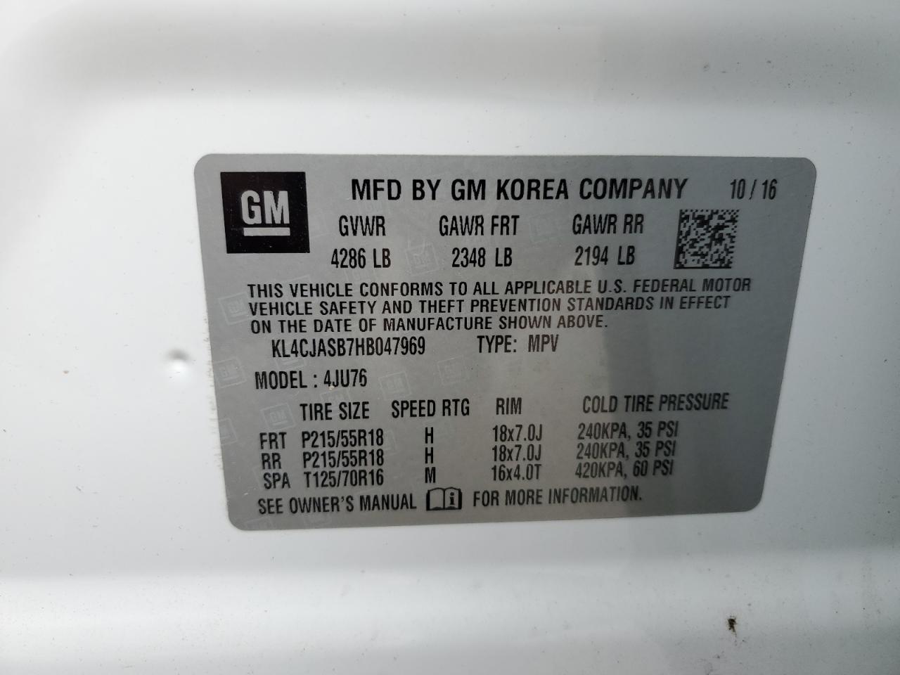 2017 Buick Encore Preferred VIN: KL4CJASB7HB047969 Lot: 82117915