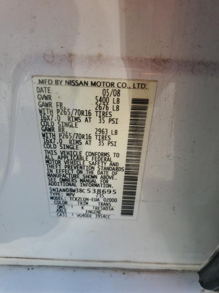 2008 Nissan Xterra Off Road VIN: 5N1AN08W38C538695 Lot: 71221895