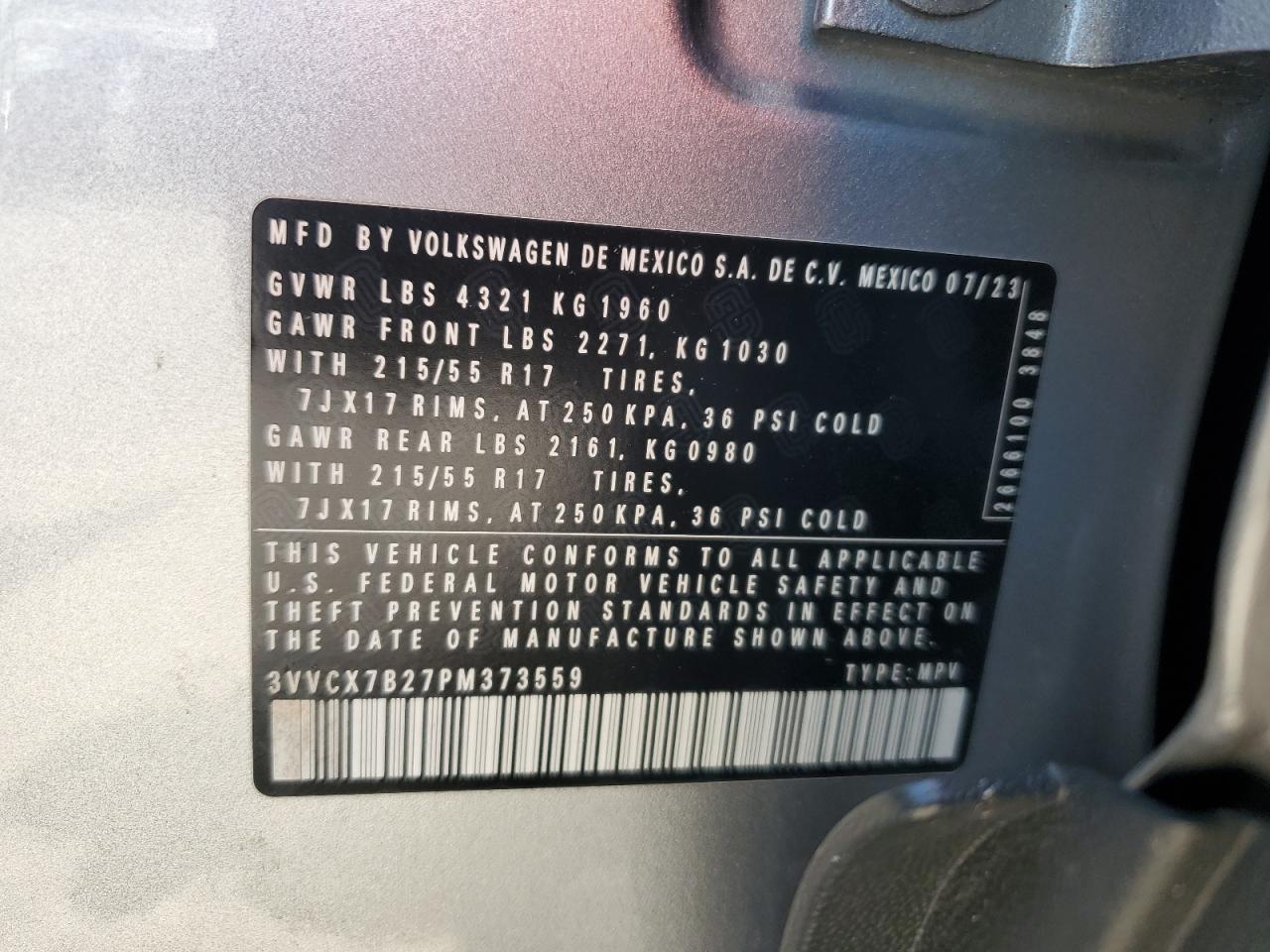 2023 Volkswagen Taos S VIN: 3VVCX7B27PM373559 Lot: 80401845