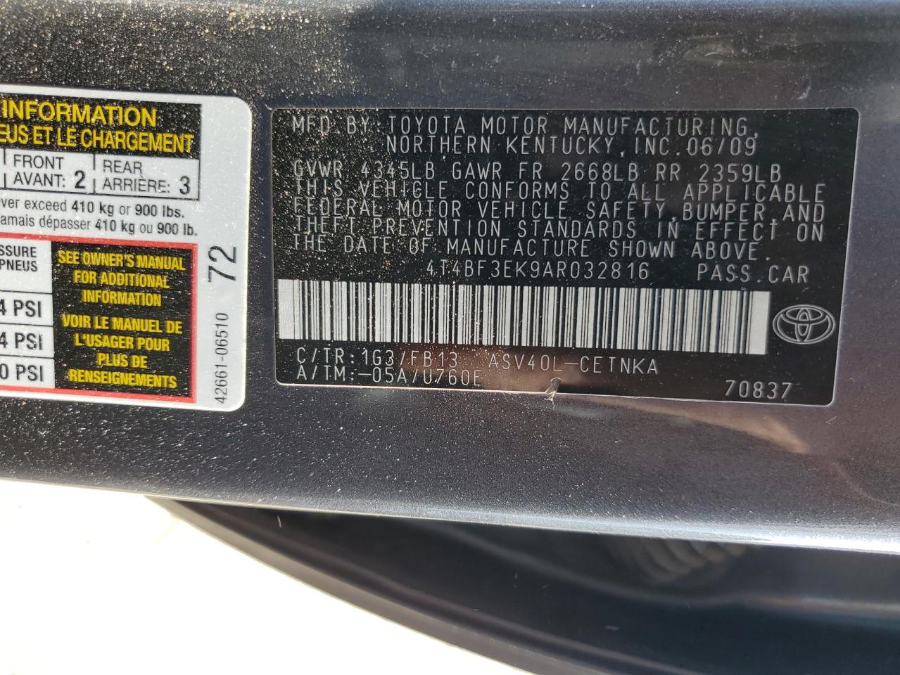 2010 Toyota Camry Base VIN: 4T4BF3EK9AR032816 Lot: 80502405