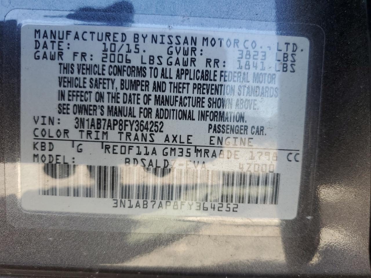 2015 Nissan Sentra S VIN: 3N1AB7AP8FY364252 Lot: 80304305