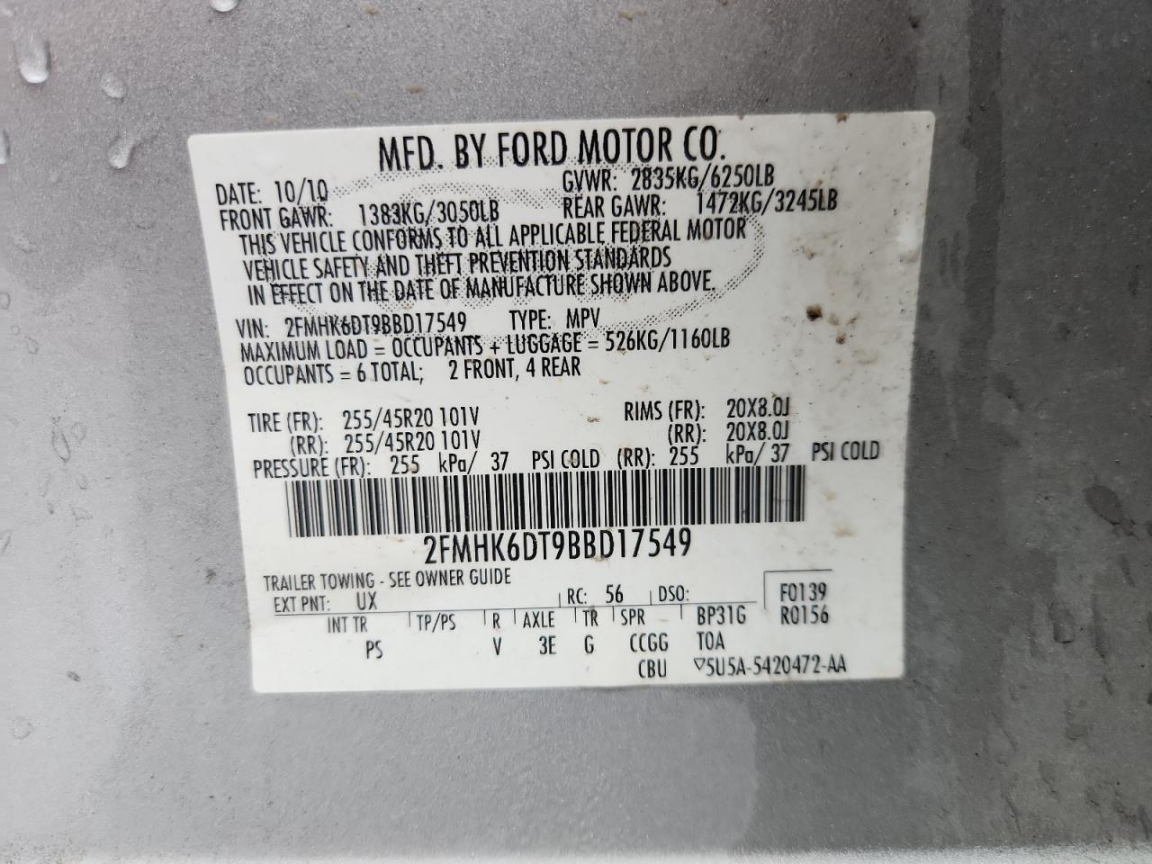 2011 Ford Flex Limited VIN: 2FMHK6DT9BBD17549 Lot: 81595525