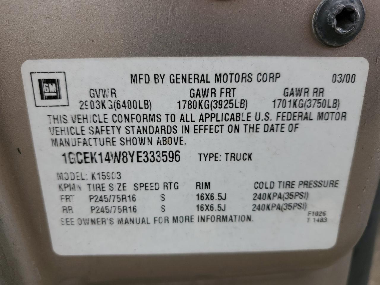 2000 Chevrolet Silverado K1500 VIN: 1GCEK14W8YE333596 Lot: 80304555