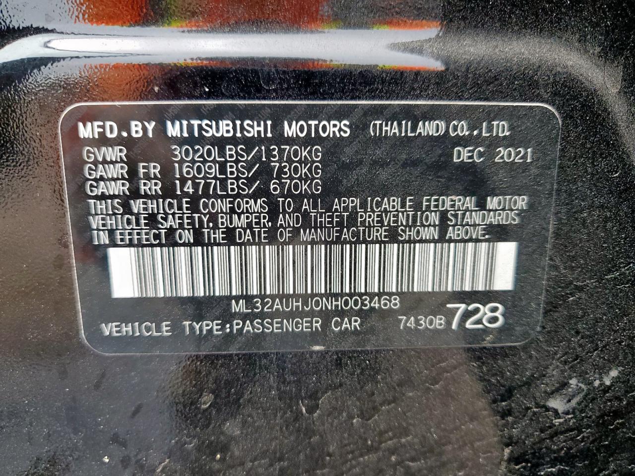 2022 Mitsubishi Mirage Es VIN: ML32AUHJ0NH003468 Lot: 81210935