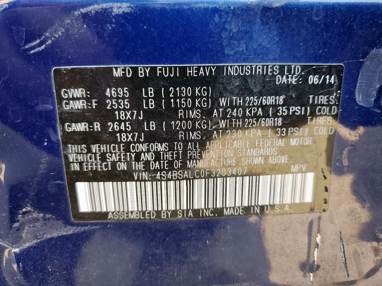 2015 Subaru Outback 2.5I Limited VIN: 4S4BSALC0F3203407 Lot: 81336065