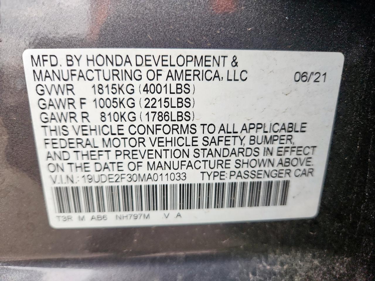 2021 Acura Ilx VIN: 19UDE2F30MA011033 Lot: 81860815