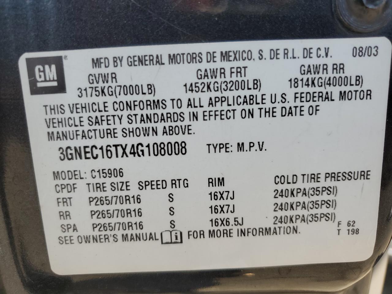 2004 Chevrolet Suburban C1500 VIN: 3GNEC16TX4G108008 Lot: 81696155