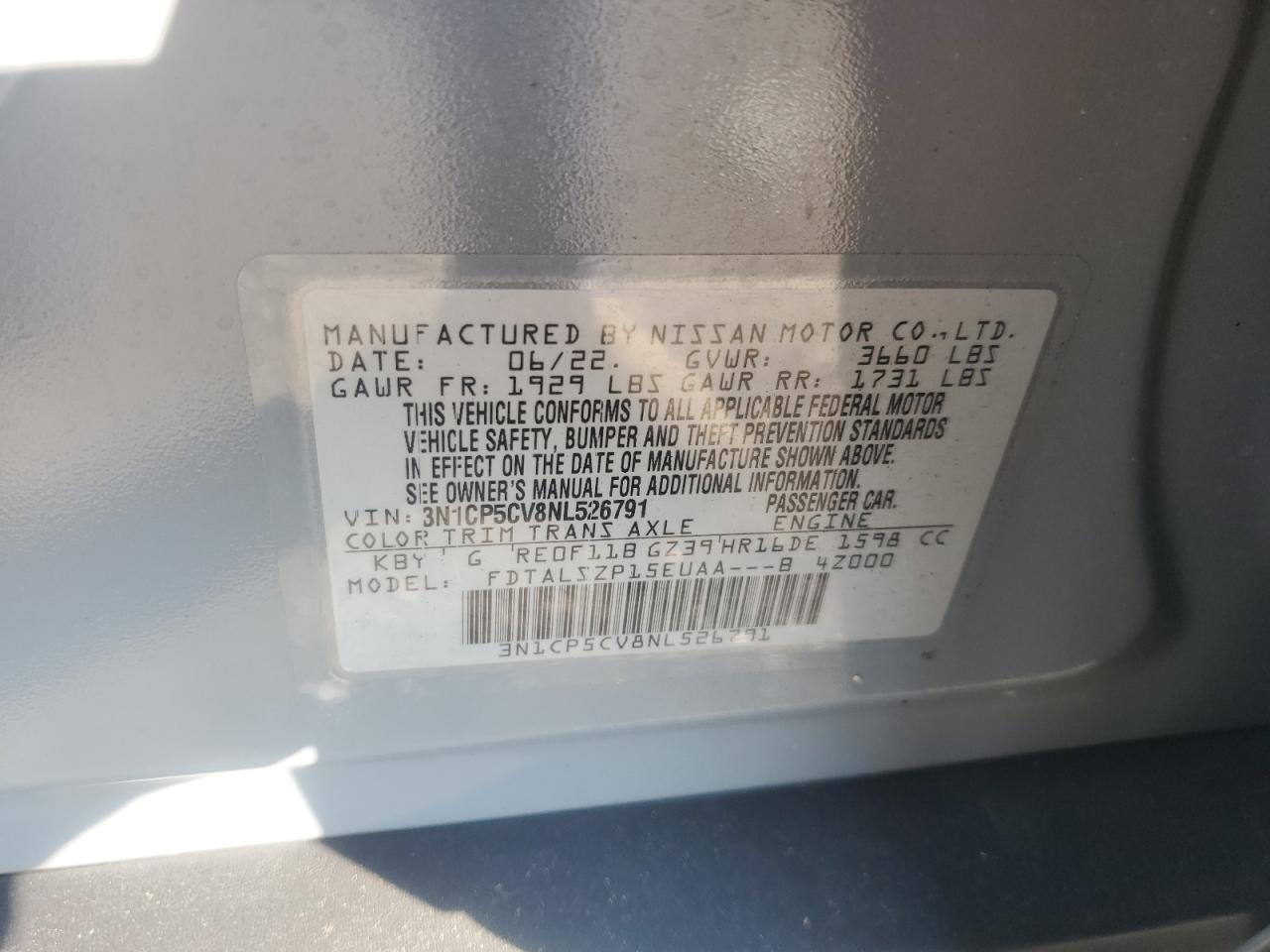 2022 Nissan Kicks Sv VIN: 3N1CP5CV8NL526791 Lot: 71876855