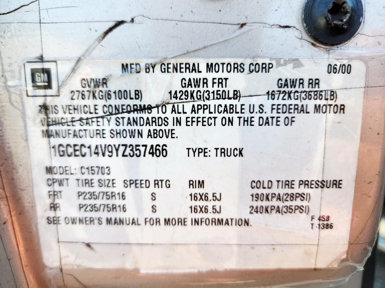 2000 Chevrolet Silverado C1500 VIN: 1GCEC14V9YZ357466 Lot: 71631525