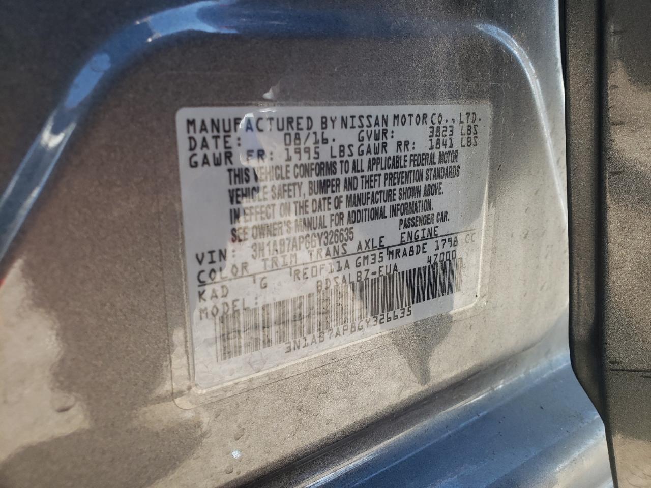 2016 Nissan Sentra S VIN: 3N1AB7AP8GY326635 Lot: 84071845