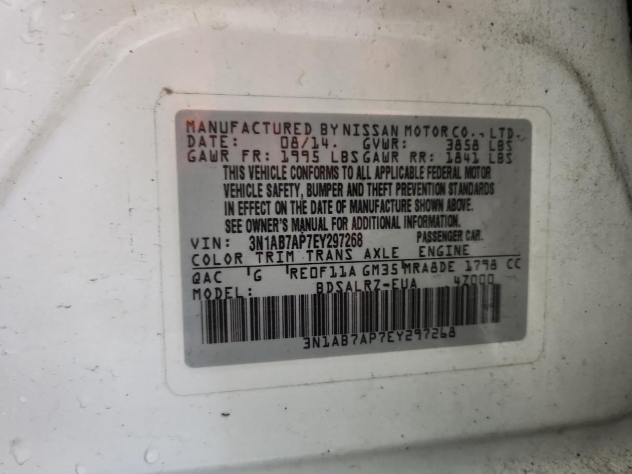 2014 Nissan Sentra S VIN: 3N1AB7AP7EY297268 Lot: 72070195