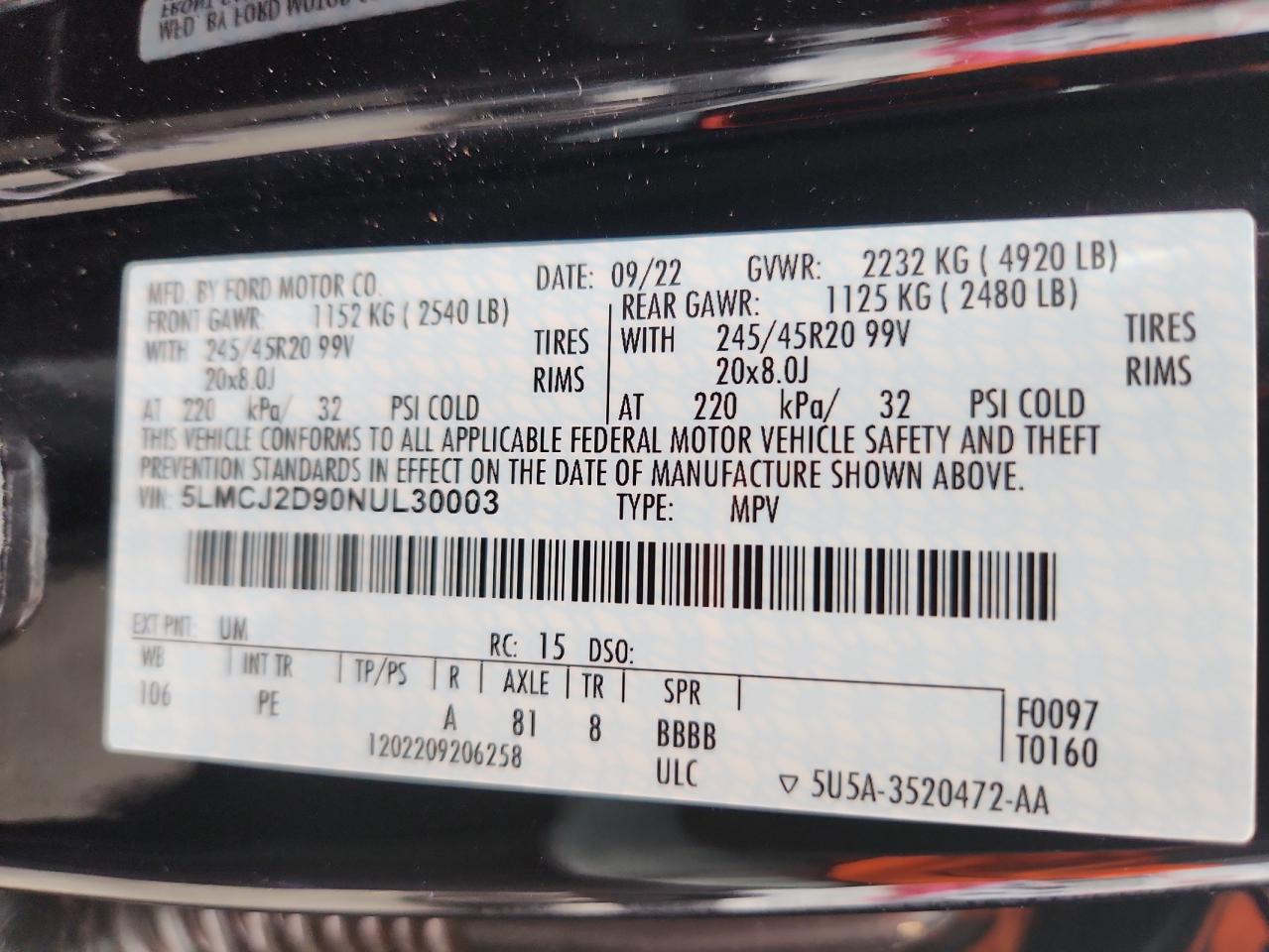 2022 Lincoln Corsair Reserve VIN: 5LMCJ2D90NUL30003 Lot: 80326355