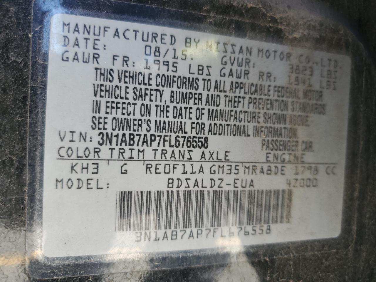 2015 Nissan Sentra S VIN: 3N1AB7AP7FL676558 Lot: 80220655