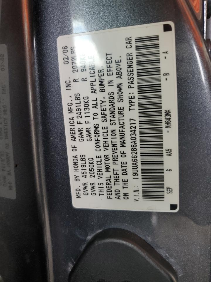 2006 Acura 3.2Tl VIN: 19UUA66286A034217 Lot: 84796855