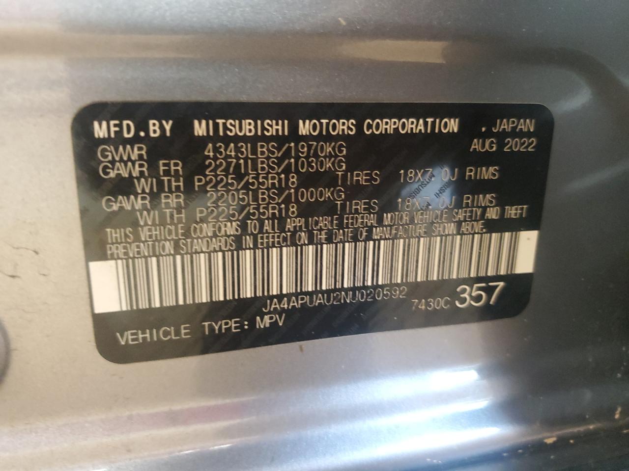 2022 Mitsubishi Outlander Sport Es VIN: JA4APUAU2NU020592 Lot: 69731105