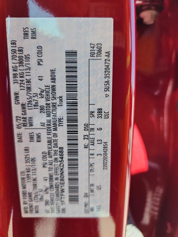 2022 Ford F150 Supercrew VIN: 1FTFW1E80NKD54688 Lot: 84405665