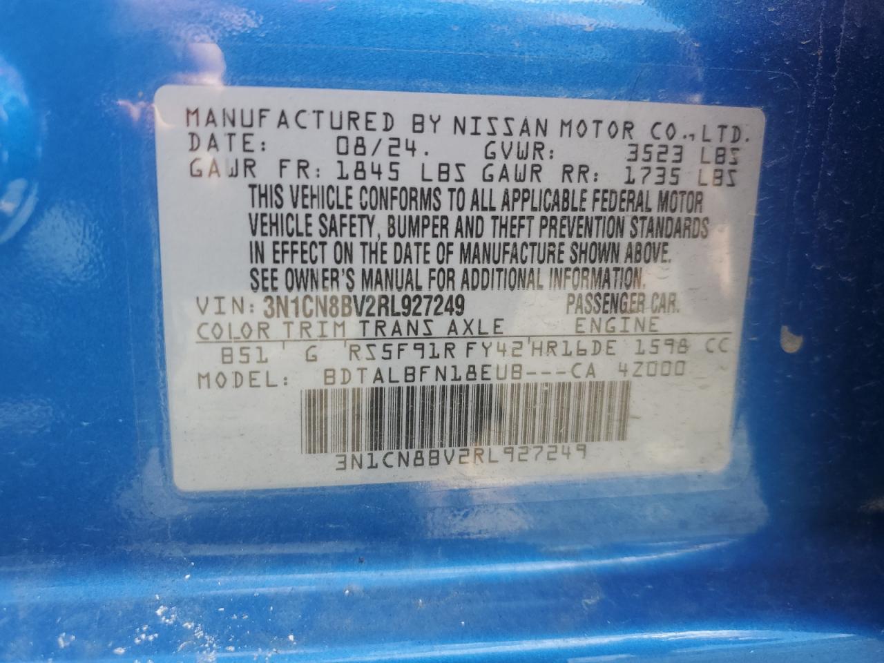 2024 Nissan Versa S VIN: 3N1CN8BV2RL927249 Lot: 84163615