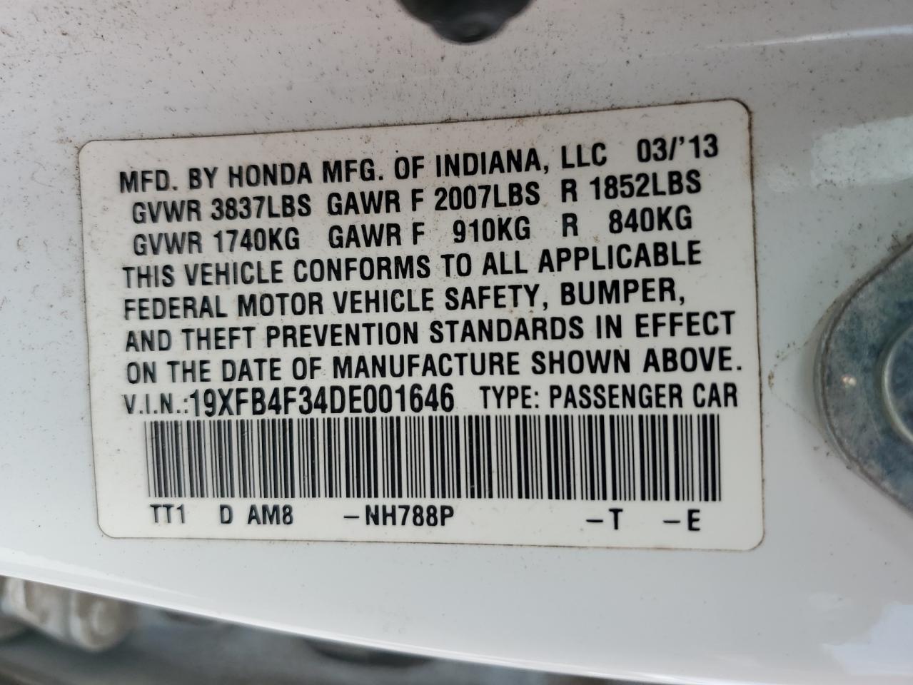 2013 Honda Civic Hybrid L VIN: 19XFB4F34DE001646 Lot: 81793535