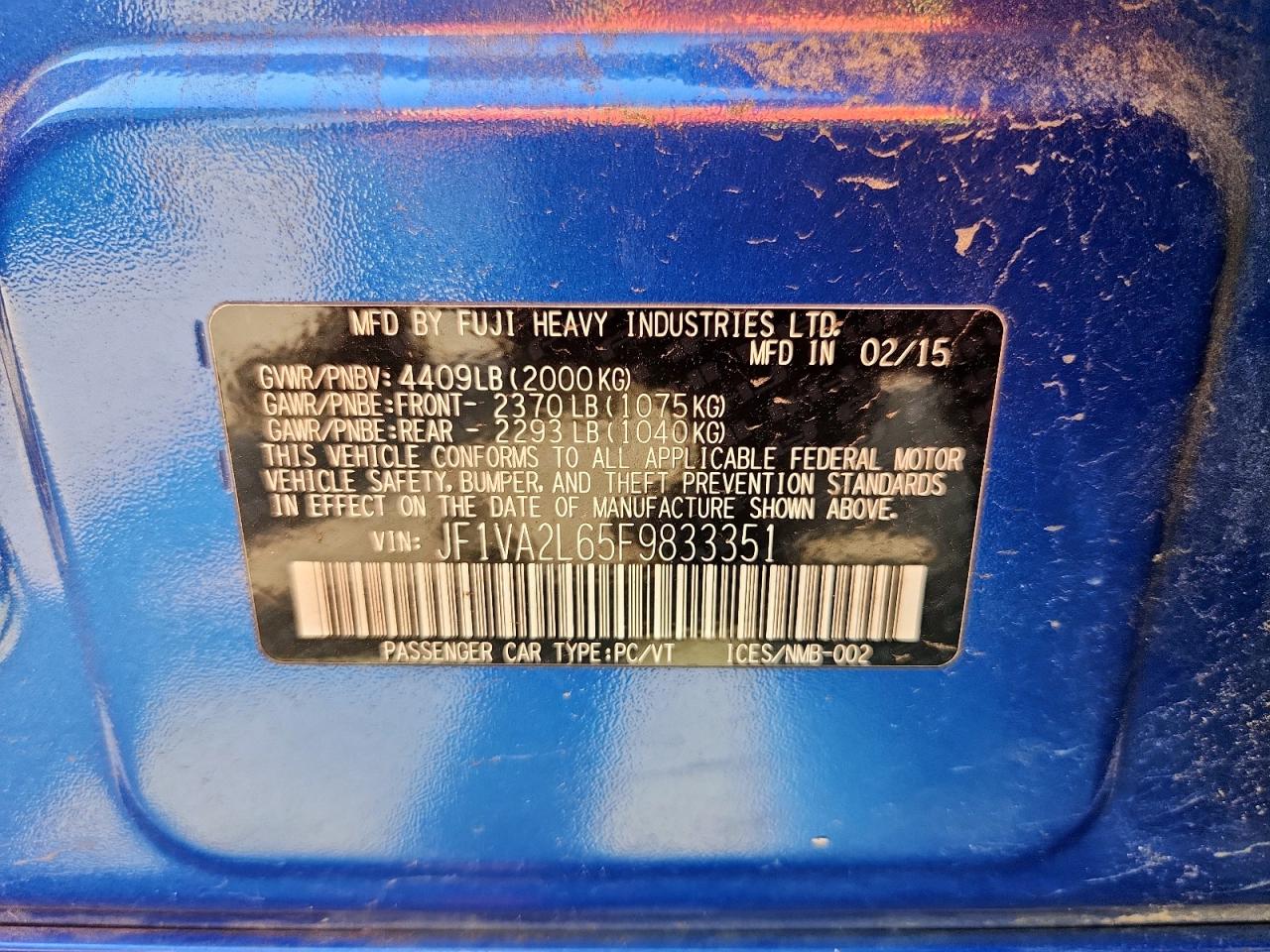 2015 Subaru Wrx Sti VIN: JF1VA2L65F9833351 Lot: 71982985