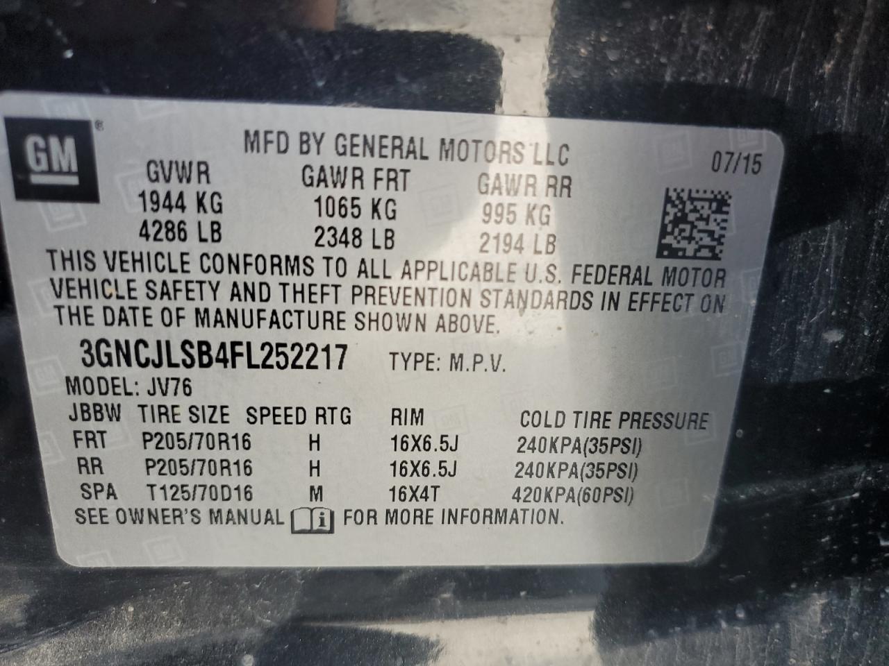 2015 Chevrolet Trax 1Lt VIN: 3GNCJLSB4FL252217 Lot: 81477695