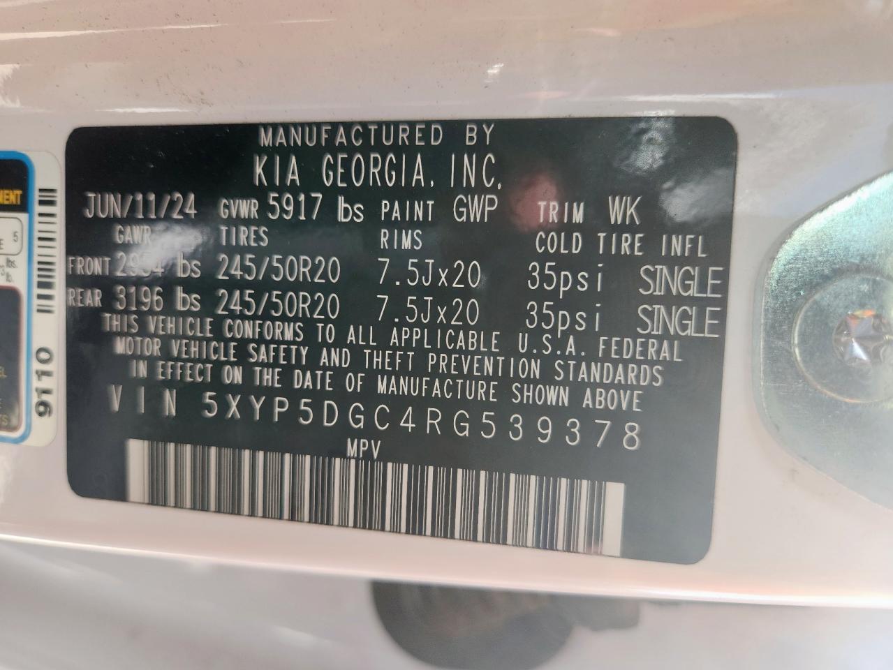 2024 Kia Telluride Sx VIN: 5XYP5DGC4RG539378 Lot: 82047025