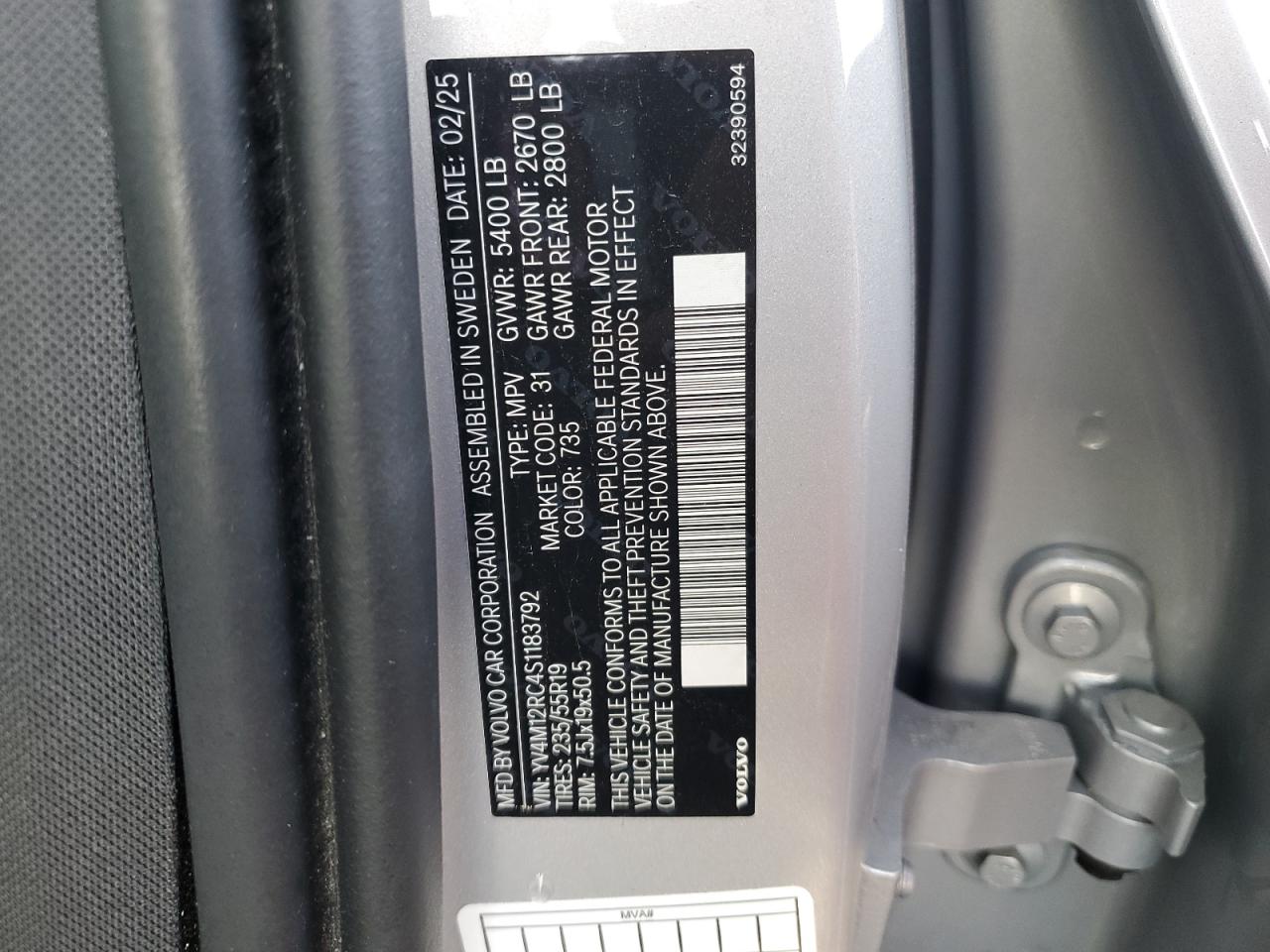 2025 Volvo Xc60 Plus VIN: YV4M12RC4S1183792 Lot: 81130965