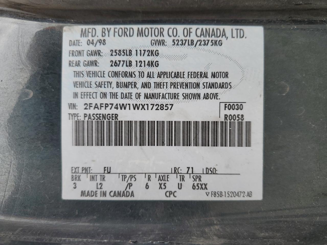 1998 Ford Crown Victoria Lx VIN: 2FAFP74W1WX172857 Lot: 81805995