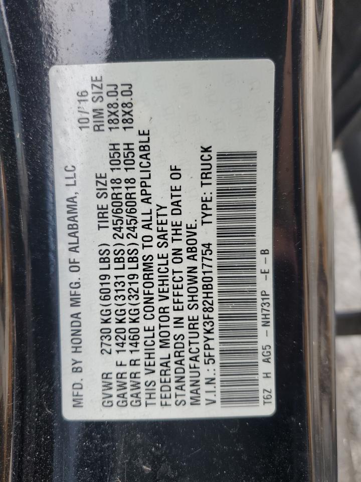 2017 Honda Ridgeline Black Edition VIN: 5FPYK3F82HB017754 Lot: 81326545