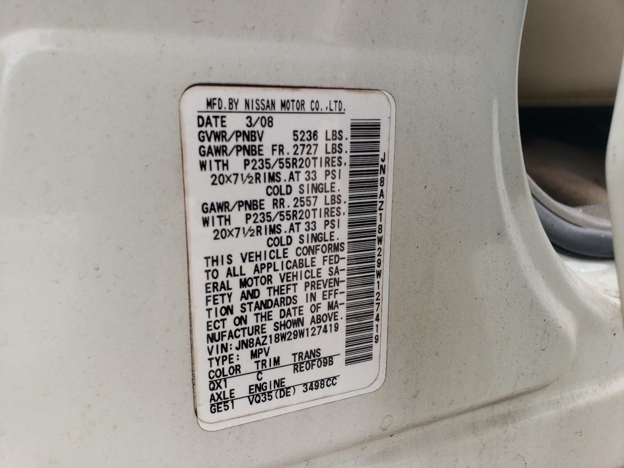 2009 Nissan Murano S VIN: JN8AZ18W29W127419 Lot: 81772595