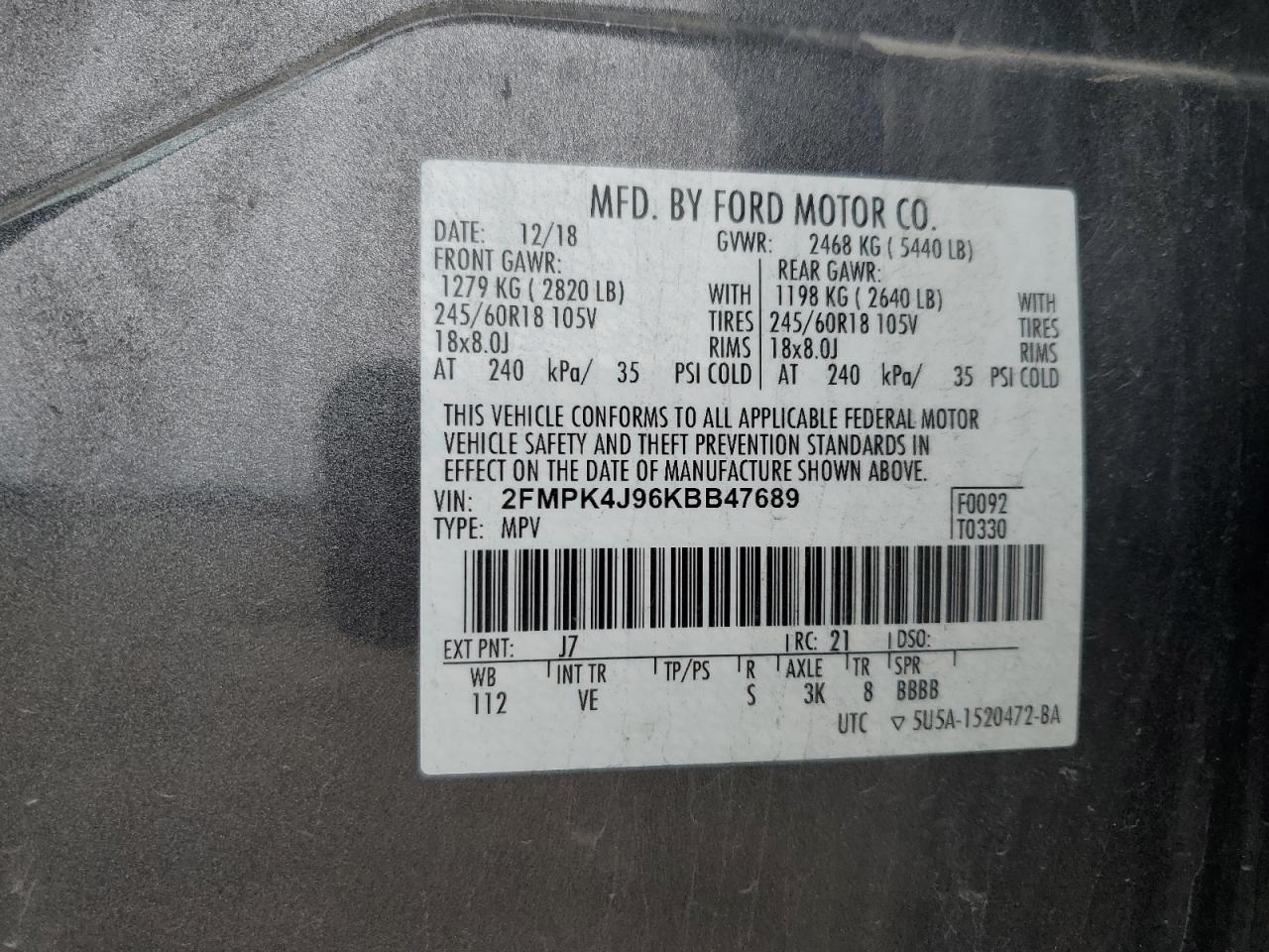 2019 Ford Edge Sel VIN: 2FMPK4J96KBB47689 Lot: 81755025