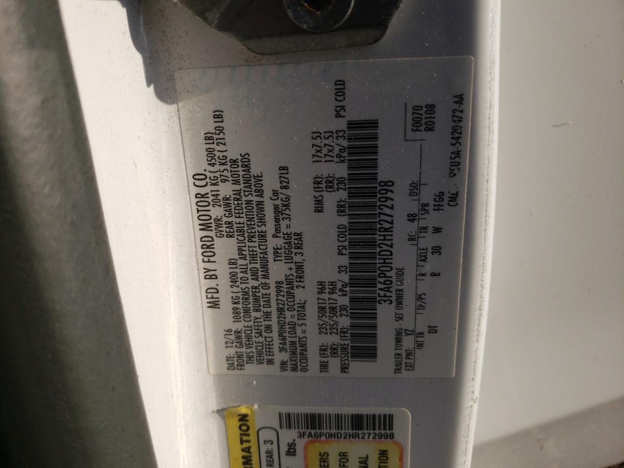 2017 Ford Fusion Se VIN: 3FA6P0HD2HR272998 Lot: 71120485