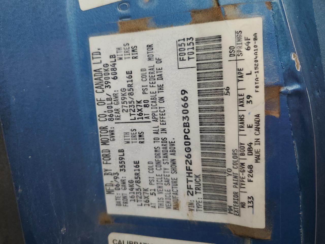 1993 Ford F250 VIN: 2FTHF26G0PCB30669 Lot: 81507675