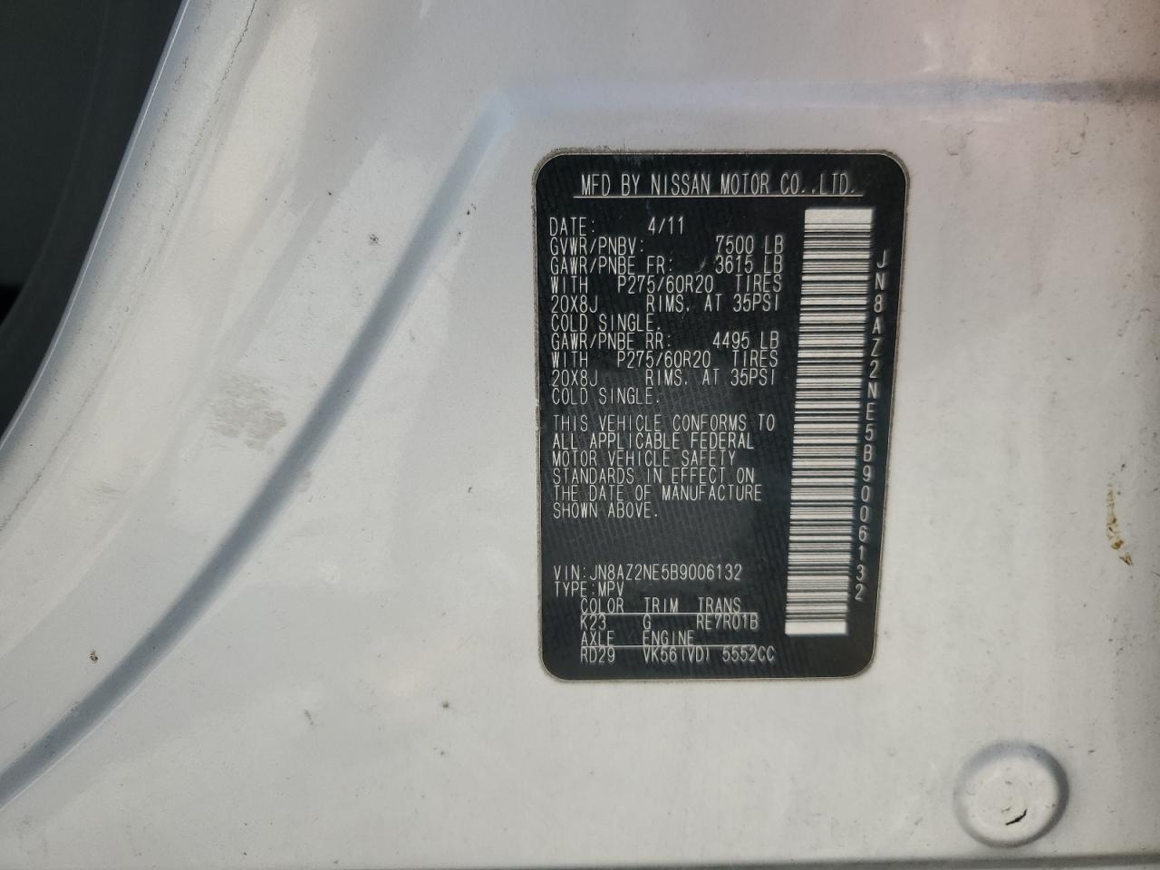 2011 Infiniti Qx56 VIN: JN8AZ2NE5B9006132 Lot: 84591585